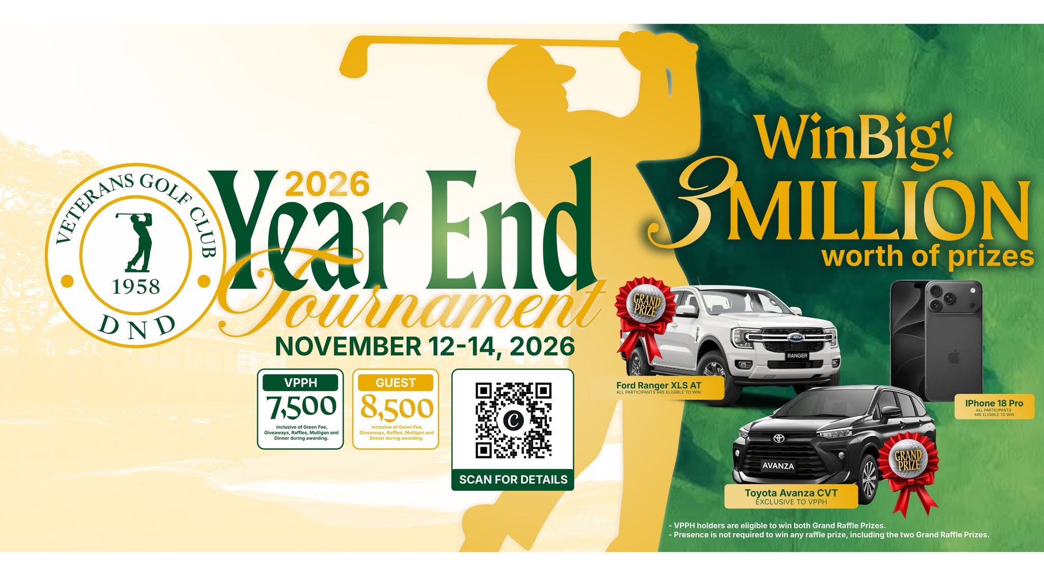 Veterans Golf Club 2026 Year End Tournament, November 12–14, 2026 — Win Big, 3 Million worth of prizes